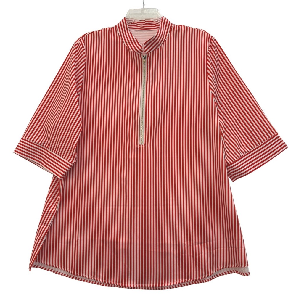 Red White Striped Half Zip Tunic Top Mandarin Collar Short Sleeve 2XL